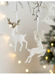 Sparkling reindeer Christmas tree ornaments with gold glitter antlers and silver ribbons