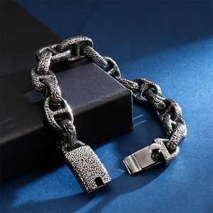 Vintage industrial hammered texture stainless steel chain bracelet for men in silver finish