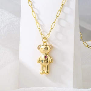 Gold-plated bear pendant necklace with LOVE engraving and colorful zircon inlays
