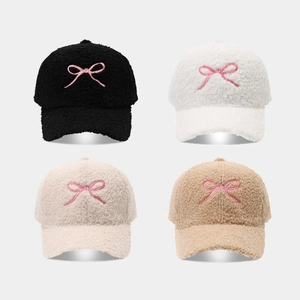 Women Sherpa Fleece Baseball Cap Warm Teddy Fur Embroidered Bow Letter Pattern Adjustable Winter Outdoor Fashion Hat