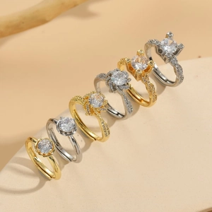 Luxury Zircon Wedding Ring For Women Copper With 14K Gold Plating Adjustable Open Ring Classic Elegant Jewelry