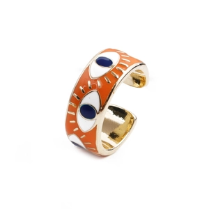 Anello Evil Eye placcato oro con smalto arancione e blu, design aperto e misura regolabile