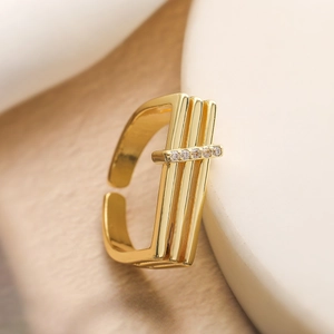 18K gold plated geometric open ring with shimmering zircon stones for women