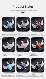 Detailed grid showing nine heart-shaped gemstone pendants with silver angel wings
