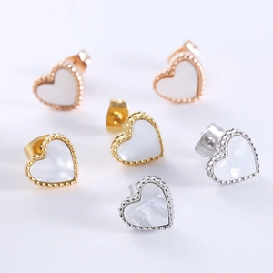 Minimalist heart stud earrings in gold, silver and rose gold with white inlay and beading