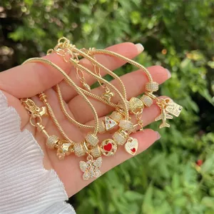 Gold Plated Copper Charm Bracelet Cubic Zirconia Heart Butterfly Airplane Travel Jewelry For Women