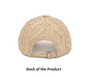 Rear view of beige seersucker baseball cap featuring an adjustable metal buckle strap
