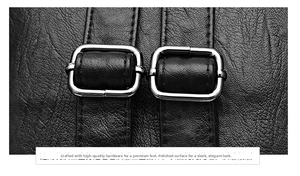 Detailed close-up of polished silver buckle hardware on black pebble leather bag