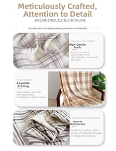 Detail of plaid cashmere-like scarf showing soft texture and fringe craftsmanship