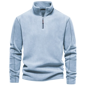 Close-up of men's blue fleece sweatshirt showing half-zip stand collar and soft texture