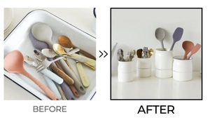 Kitchen organizer comparison showing before and after ceramic utensil holder storage