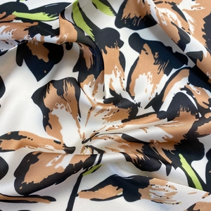 70cm floral satin silk scarf with abstract black and brown print on white fabric