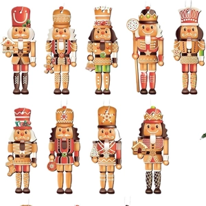 Set of 9 wooden gingerbread nutcracker ornaments for Christmas tree hanging decoration