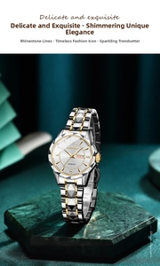 Detailed macro view of the two-tone diamond-cut steel band and watch face with calendar display