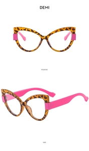 Detailed front and side views of TR90 cat eye glasses in demi brown and pink frames