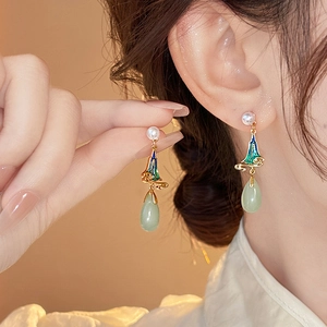 Elegant Chinese style pearl earrings with landscape enamel and green teardrop stone