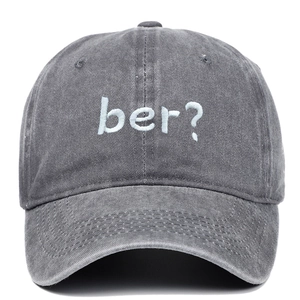 Washed charcoal grey baseball cap with blue ber embroidery and retro vintage style finish