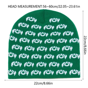 Detailed knit beanie size chart showing 22x22cm dimensions and 56-60cm head circumference