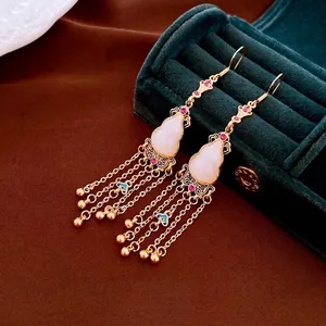 Gold-plated gourd tassel earrings with diamonds and white faux jade in retro style
