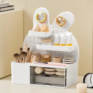 White rabbit-shaped pegboard storage organizer with drawers for desk vanity organization