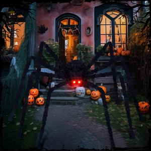 Giant Halloween spider decor with red LED eyes and black fur on a spooky outdoor lawn