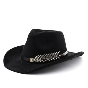 Close-up of black felt fedora hat with leather band and silver metal feather detail