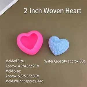 Macro detail of 2-inch woven heart silicone mold with dimensions and blue texture finish