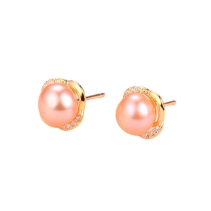 Elegant S925 silver crown earrings with pink natural pearls and sparkling gold accents