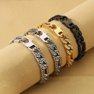 Detail view of retro engraved alloy NK chains with lobster clasp in four vintage colors