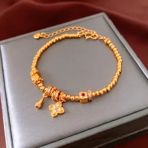 Flower Pendant Copper Beaded Bracelet Real Gold Plated Adjustable Water Drop Red Gemstone Elegant Retro Jewelry