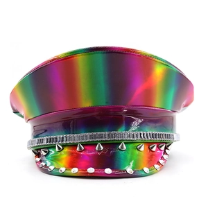 Rainbow iridescent holographic military hat with silver studs and rhinestones for party