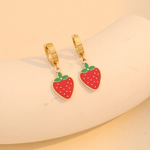 Golden hoop earrings with red strawberry charms featuring green leaves and gold accents