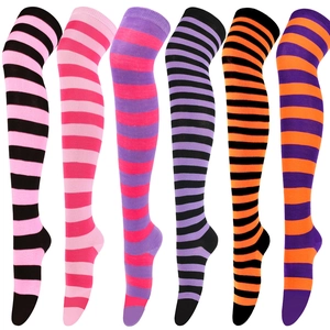 Close-up of six pairs of striped over-the-knee socks in vibrant assorted color patterns
