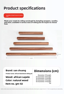 Size chart for solid wood rolling pins showing lengths from 25cm to 60cm and 3cm diameter