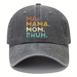 Unisex washed grey baseball cap featuring colorful MA MAMA MOM BRUH vintage lettering