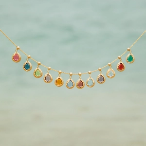 18K gold-plated stainless steel necklace featuring various colorful pear-cut birthstones
