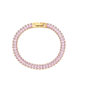 Elegant 18K gold plated bracelet with rectangular pink zircon stones on white background