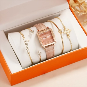 Women's rose gold square watch with pink marble dial and elegant charm bracelets gift set