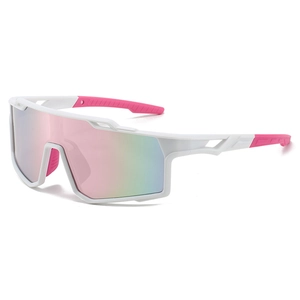 White sports cycling sunglasses with pink rubber tips and colorful polarized lenses