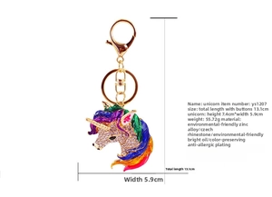 Detailed view of rhinestone unicorn keychain with dimensions 13.1cm length and 55.72g weight