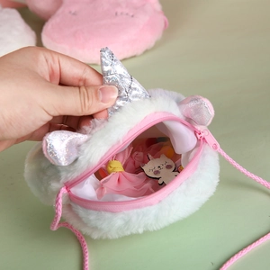 Plush unicorn crossbody bag for girls with soft white fur and glittery silver horn