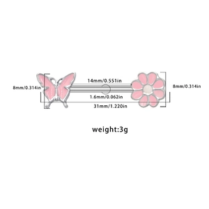 Pink butterfly and flower nipple ring set with clear dimensions and technical specs