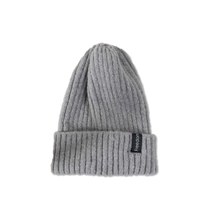 Close-up of grey rib-knit beanie showing the Freedom woven label detail on the folded cuff