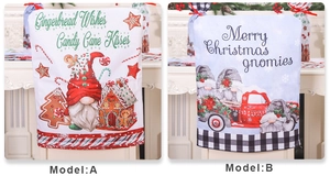 Close-up of Christmas chair covers with gnome and truck patterns for festive dining decor