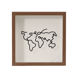 Modern world map outline decor in dark wood frame for travel memory ticket storage