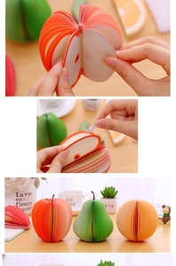 Detailed view of 3D fruit-shaped sticky notes showing apple, pear and orange designs