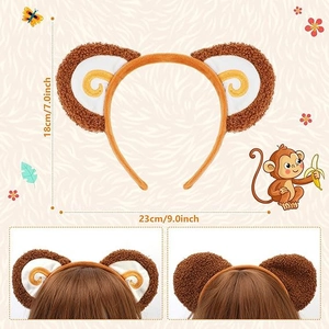 Detailed size specifications and close-up view of brown plush monkey ear headband