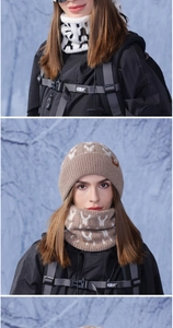 Winter knitted hat and scarf set in khaki pattern shown on a model in snow