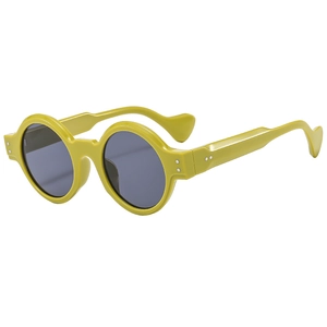 Classic round punk sunglasses in bright yellow with dark grey lenses and rivet detail