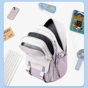 Purple and white minimalist school backpack with multiple layers for students